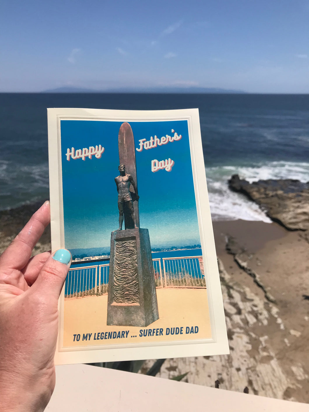 Father’s Day Card for Surfer Dude Dad - featuring iconic Surfer Statue in Santa Cruz, California.