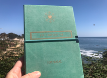 Load image into Gallery viewer, &#39;Enlighten Me...®&#39; Turquoise/ Teal Vegan leather Journal Notebook (+ USB memory stick)
