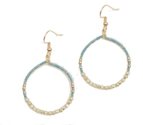 Gold Plated Nugget & Turquoise toned beaded Hoop Earrings